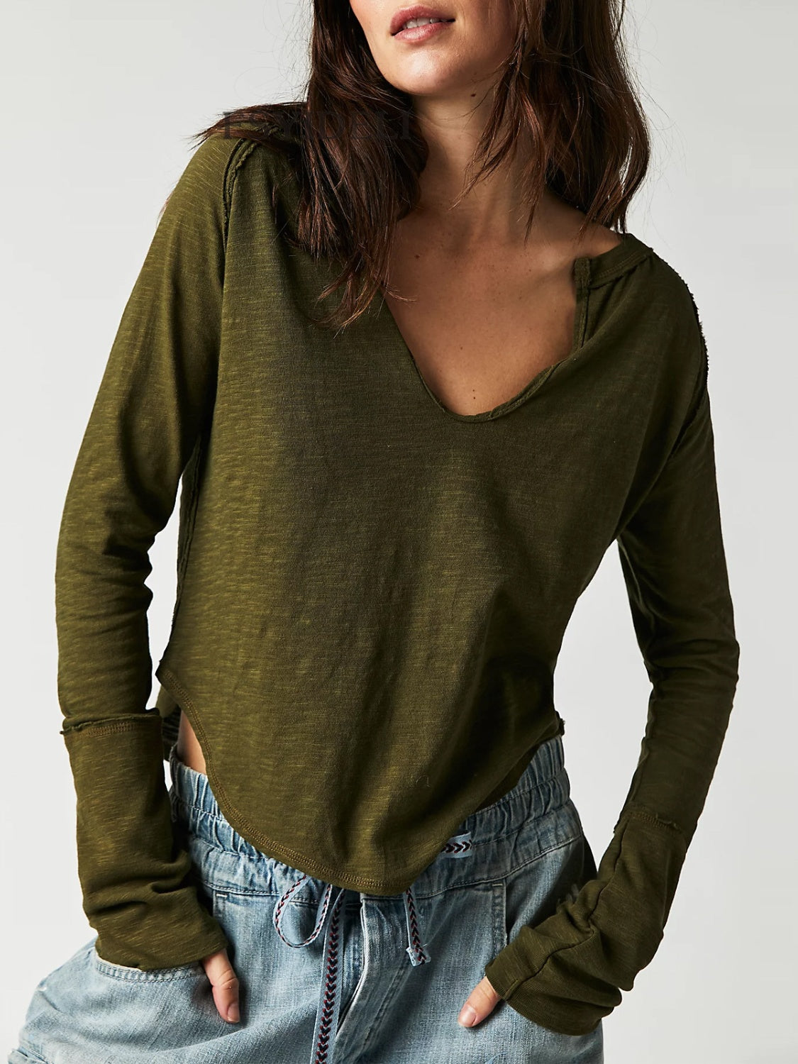 Exposed Seam Notched Long Sleeve T-Shirt