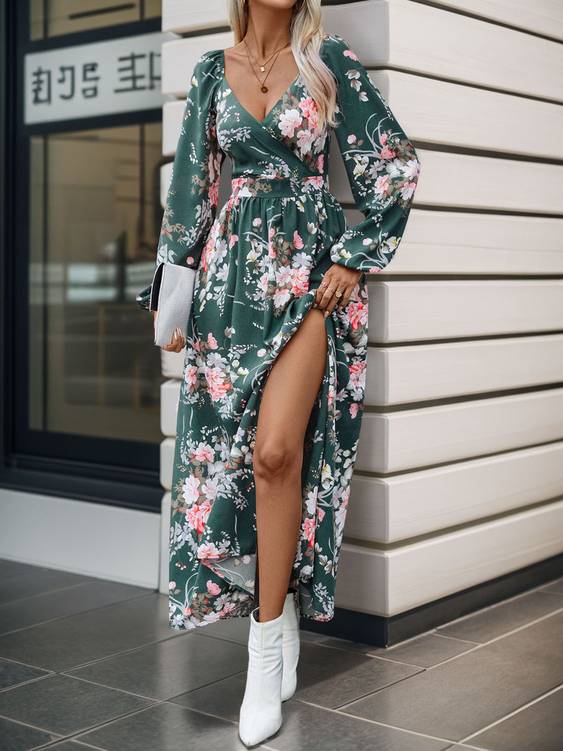 Slit Printed Surplice Long Sleeve Maxi Dress