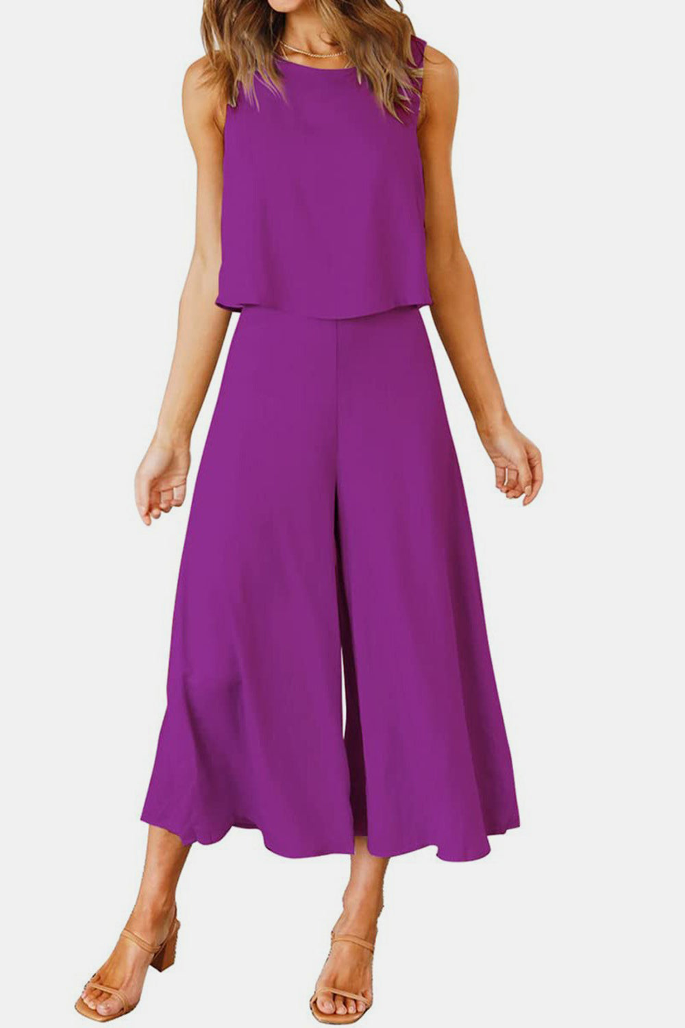 Round Neck Top and Wide Leg Pants Set