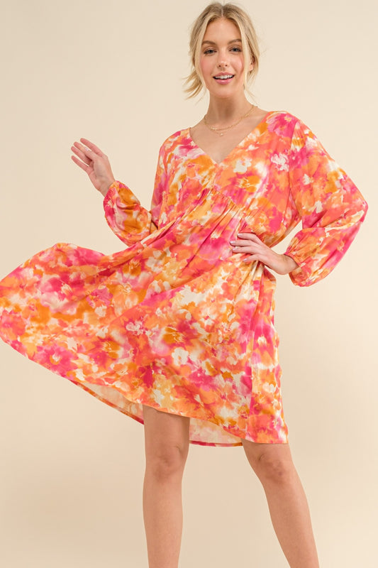 And The Why Full Size Printed Tie Back Long Sleeve Dress