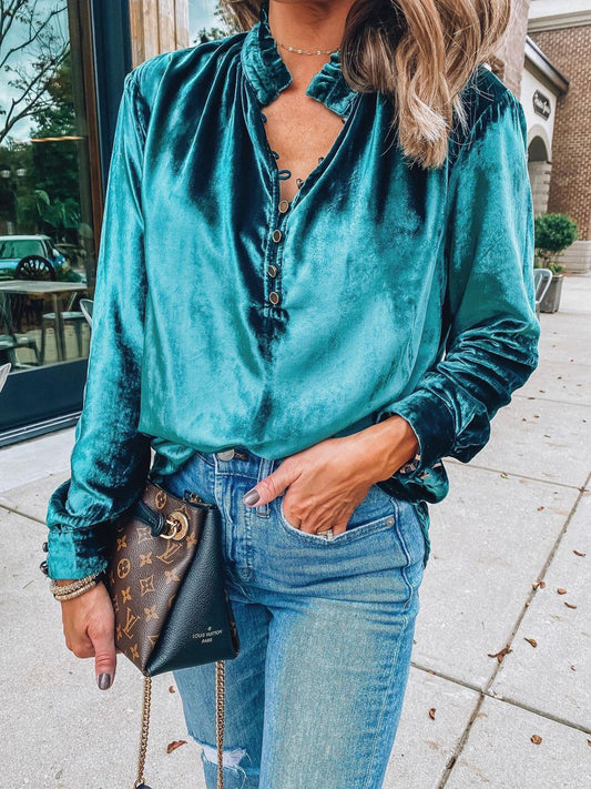 Half Button Long Sleeve Blouse